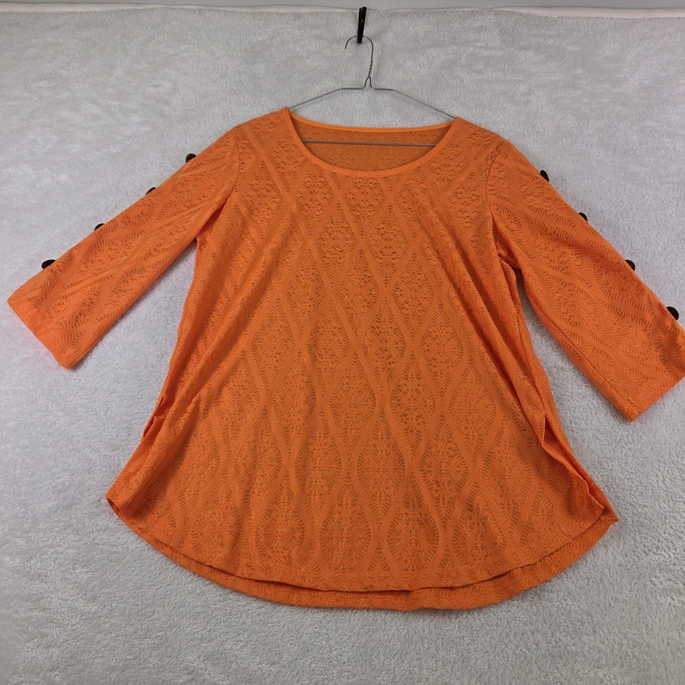 Onque Casual Orange Lace Knit Top 3/4 Button Sleeve Diamond Pattern Womens Small